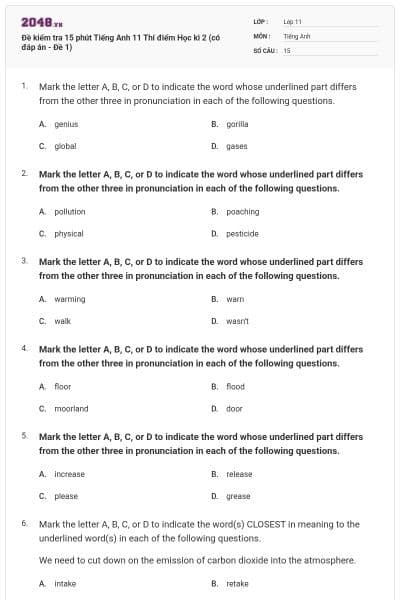 Đề kiểm tra 15 phút Tiếng Anh 11 Thí điểm Học kì 2 (có đáp án - Đề 1)