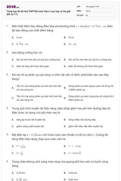 Tổng hợp đề thi thử THPTQG môn Vật Lí cực hay có lời giải (Đề số 11)