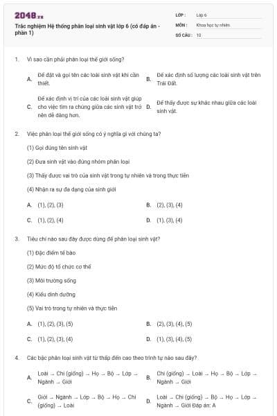 Trắc nghiệm Hệ thống phân loại sinh vật lớp 6 (có đáp án - phần 1)