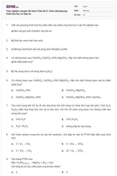 Trắc nghiệm chuyên đề Hóa 9 Chủ đề 2: Cách viết phương trình hóa học có đáp án