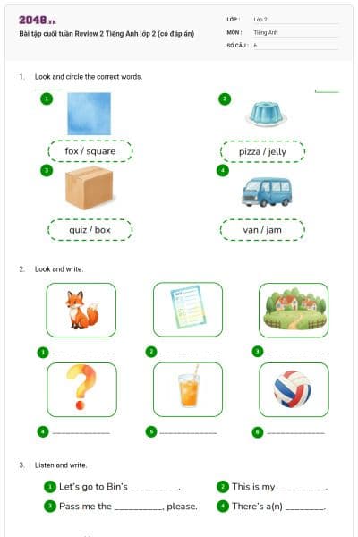 Bài tập cuối tuần Review 2 Tiếng Anh lớp 2 (có đáp án)