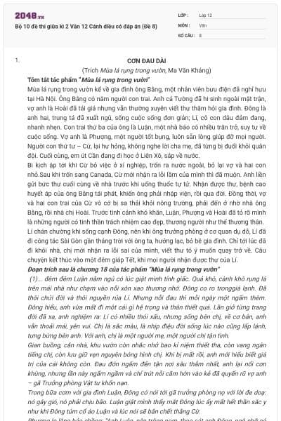 Bộ 10 đề thi giữa kì 2 Văn 12 Cánh diều có đáp án (Đề 8)