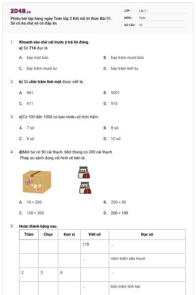 Phiếu bài tập hàng ngày Toán lớp 2 Kết nối tri thức Bài 51. Số có ba chữ số có đáp án