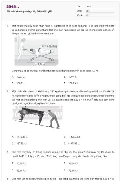 Bài toán về công cơ học lớp 10 (có lời giải)