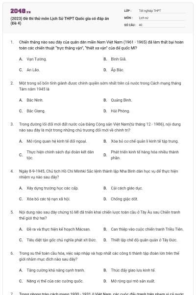 (2023) Đề thi thử môn Lịch Sử THPT Quốc gia có đáp án (Đề 4)