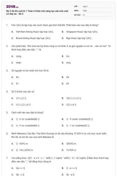 Bộ 5 đề thi cuối kì 1 Toán 6 Chân trời sáng tạo cấu trúc mới có đáp án - Đề 2