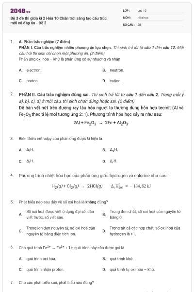 Bộ 3 đề thi giữa kì 2 Hóa 10 Chân trời sáng tạo cấu trúc mới có đáp án - Đề 2