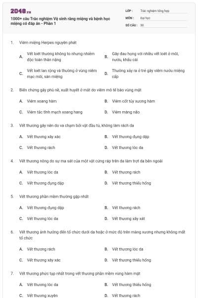 1000+ câu Trắc nghiệm Vệ sinh răng miệng và bệnh học miệng có đáp án - Phần 1