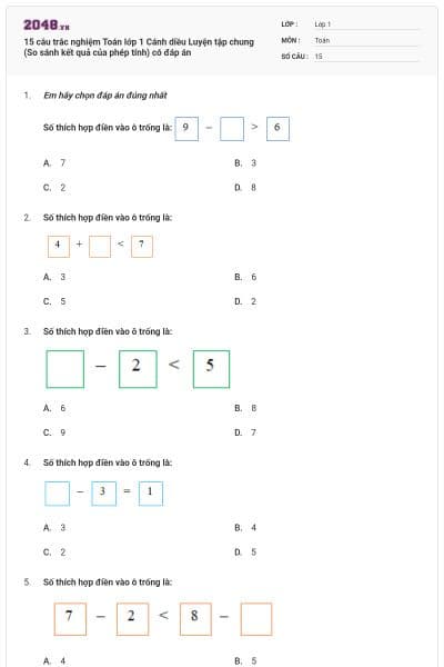 15 câu trắc nghiệm Toán lớp 1 Cánh diều Luyện tập chung (So sánh kết quả của phép tính) có đáp án