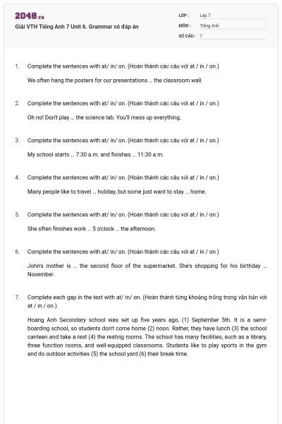 Giải VTH Tiếng Anh 7 Unit 6. Grammar có đáp án