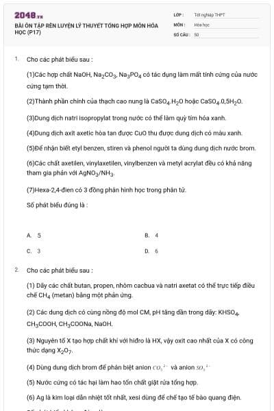 BÀI ÔN TẬP RÈN LUYỆN LÝ THUYẾT TỔNG HỢP MÔN HÓA HỌC (P17)