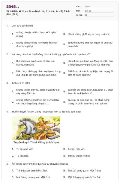 Đề thi Giữa kì 1 Lịch Sử và Địa Lí lớp 6 có đáp án - Bộ Cánh diều (Đề 4)