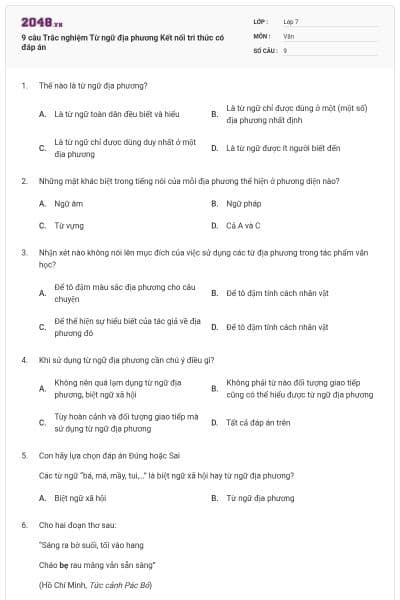 9 câu Trắc nghiệm Từ ngữ địa phương Kết nối tri thức có đáp án