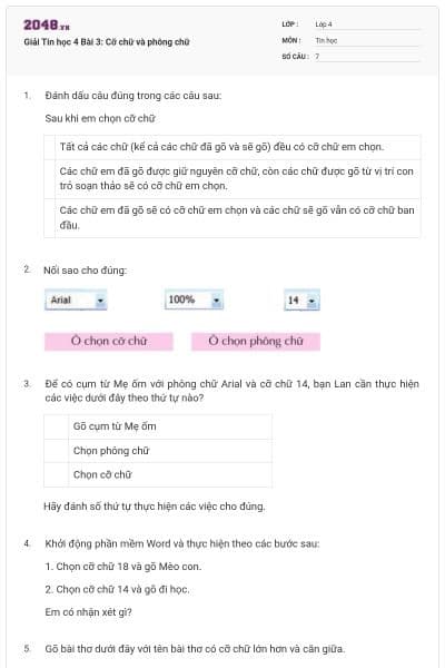 Giải Tin học 4 Bài 3: Cỡ chữ và phông chữ