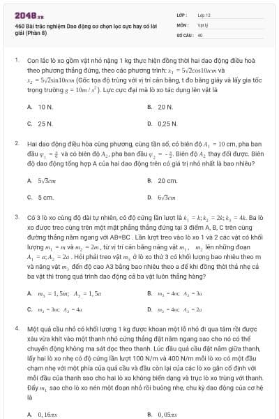 460 Bài trắc nghiệm Dao động cơ chọn lọc cực hay có lời giải (Phần 8)