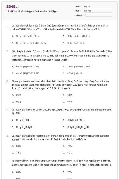 12 bài tập về phản ứng oxi hoá alcohol có lời giải