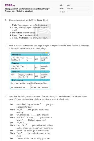 Tiếng Anh lớp 6 Starter unit: Language focus trang 11 - Friends plus (Chân trời sáng tạo)