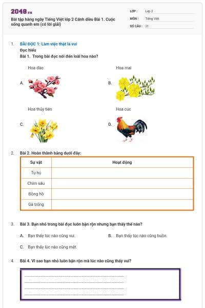 Bài tập hàng ngày Tiếng Việt lớp 2 Cánh diều Bài 1. Cuộc sống quanh em (có lời giải)