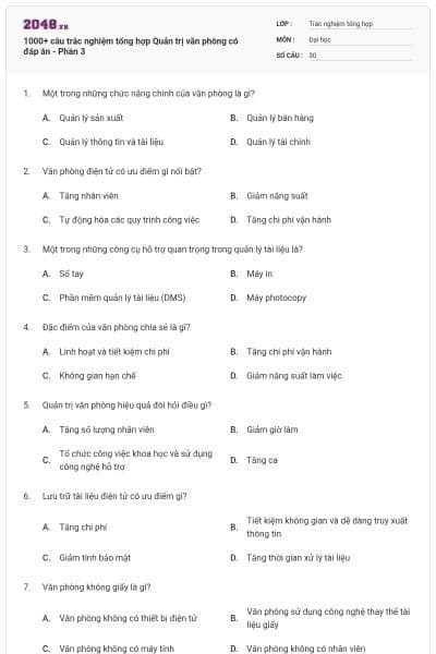1000+ câu trắc nghiệm tổng hợp Quản trị văn phòng có đáp án - Phần 3