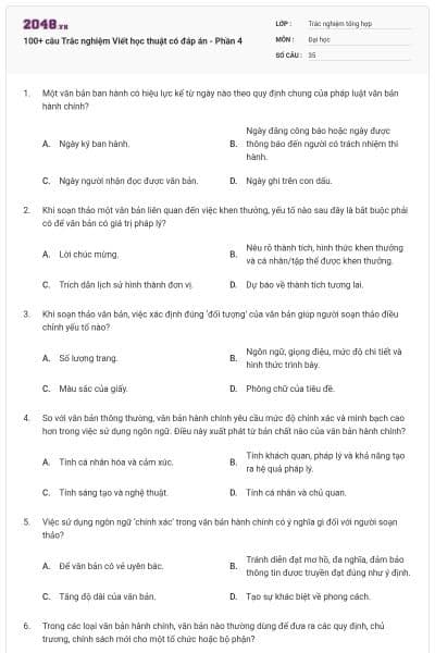 100+ câu Trắc nghiệm Viết học thuật có đáp án - Phần 4