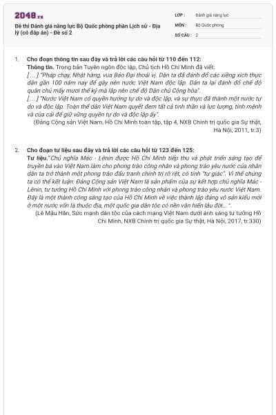Đề thi Đánh giá năng lực Bộ Quốc phòng phần Lịch sử - Địa lý (có đáp án) - Đề số 2