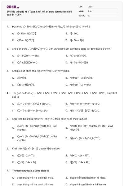 Bộ 5 đề thi giữa kì 1 Toán 8 Kết nối tri thức cấu trúc mới có đáp án - Đề 4