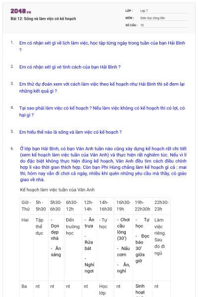 Bài 12: Sống và làm việc có kế hoạch
