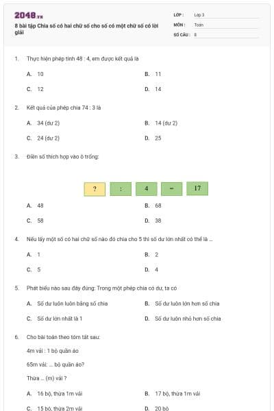 8 bài tập Chia số có hai chữ số cho số có một chữ số có lời giải