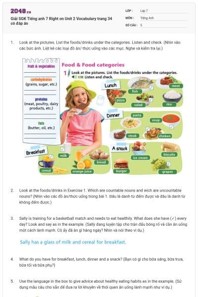 Giải SGK Tiếng anh 7 Right on Unit 2 Vocabulary trang 34 có đáp án
