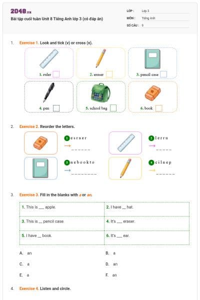 Bài tập cuối tuần Unit 8 Tiếng Anh lớp 3 (có đáp án)
