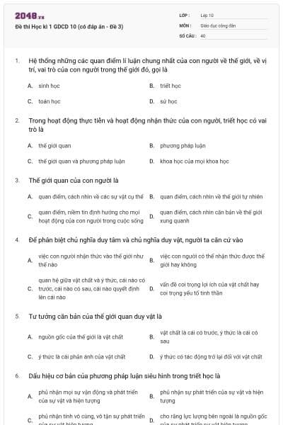 Đề thi Học kì 1 GDCD 10 (có đáp án - Đề 3)