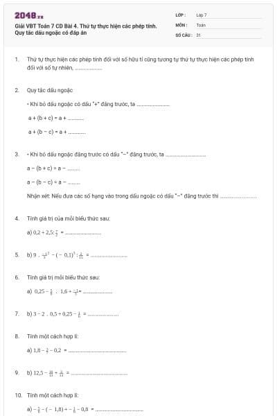 Giải VBT Toán 7 CD Bài 4. Thứ tự thực hiện các phép tính. Quy tắc dấu ngoặc có đáp án