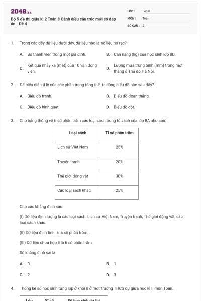 Bộ 5 đề thi giữa kì 2 Toán 8 Cánh diều cấu trúc mới có đáp án - Đề 4