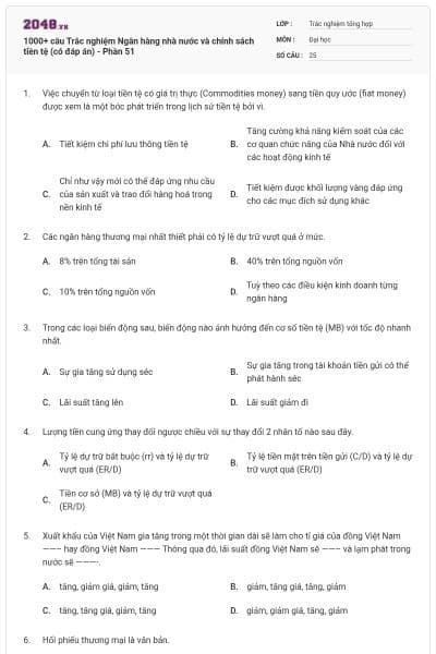 1000+ câu Trắc nghiệm Ngân hàng nhà nước và chính sách tiền tệ (có đáp án) - Phần 51