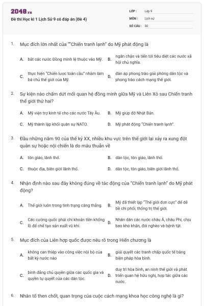 Đề thi Học kì 1 Lịch Sử 9 có đáp án (Đề 4)