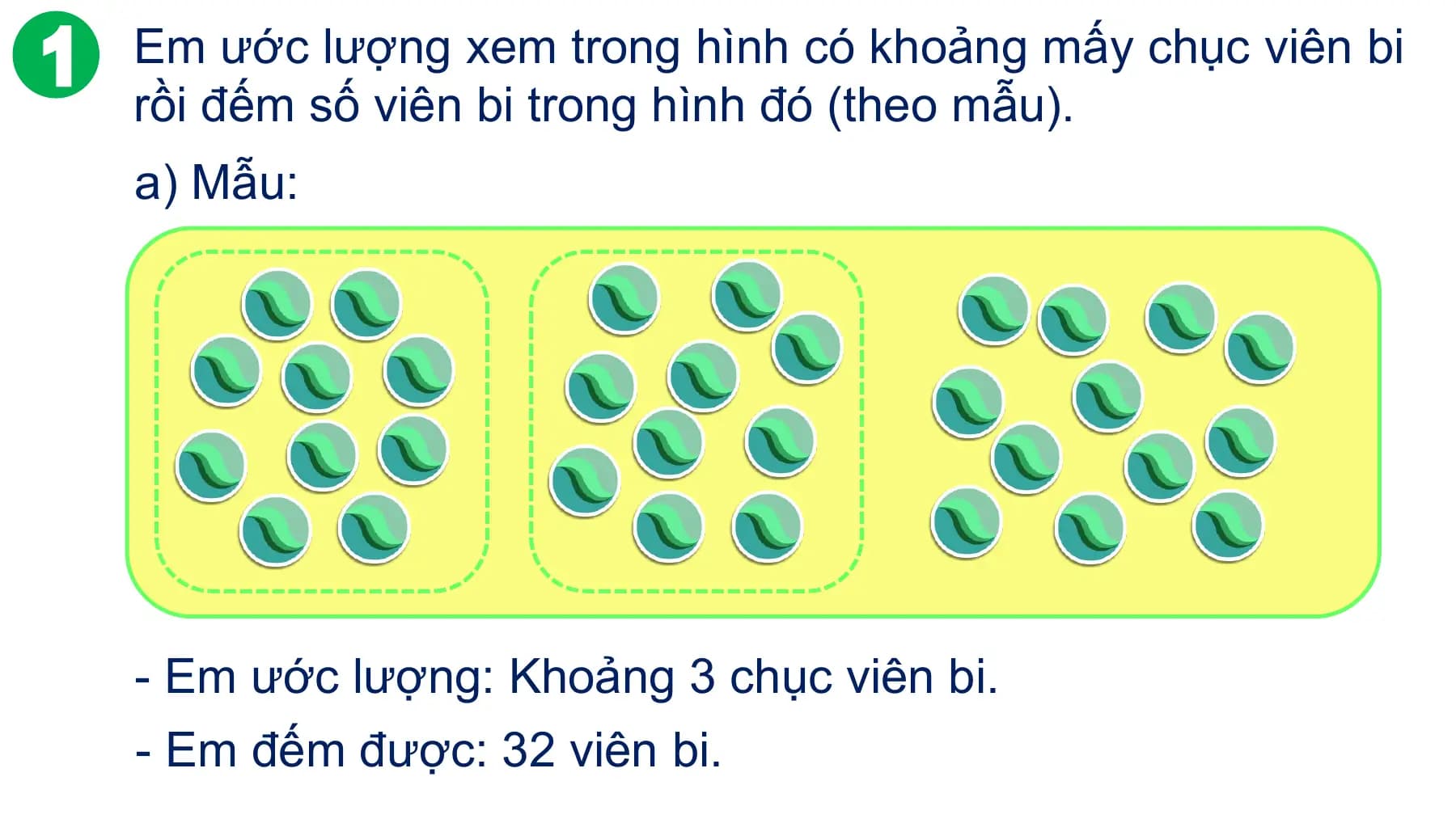 Em ước lượng xem trong hình có khoảng mấy chục viên bi
rồi đếm số viên bi trong hình đó (theo mẫu).
a) Mẫu:

- Em ước lượng: Khoảng 3 chục viên bi.
- Em đếm được: 32 viên bi.