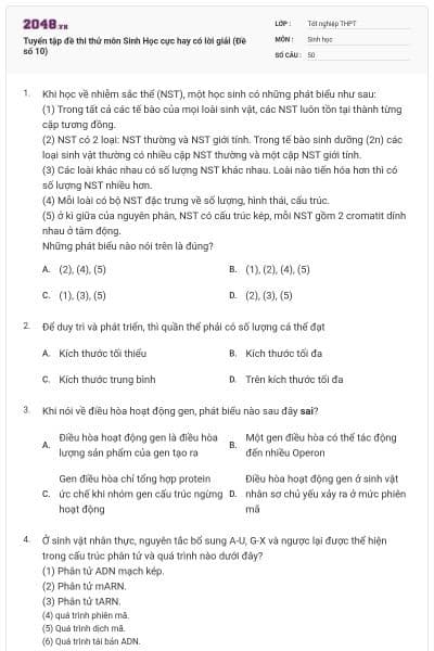 Tuyển tập đề thi thử môn Sinh Học cực hay có lời giải (Đề số 10)