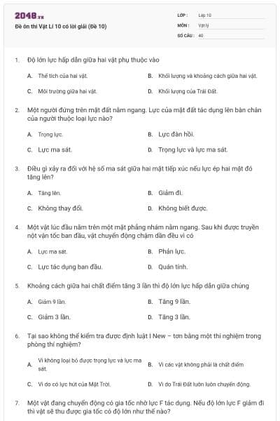 Đề ôn thi Vật Lí 10 có lời giải (Đề 10)