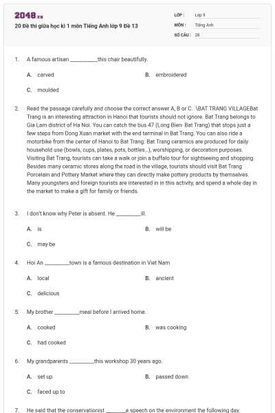 20 Đề thi giữa học kì 1 môn Tiếng Anh lớp 9 Đề 13