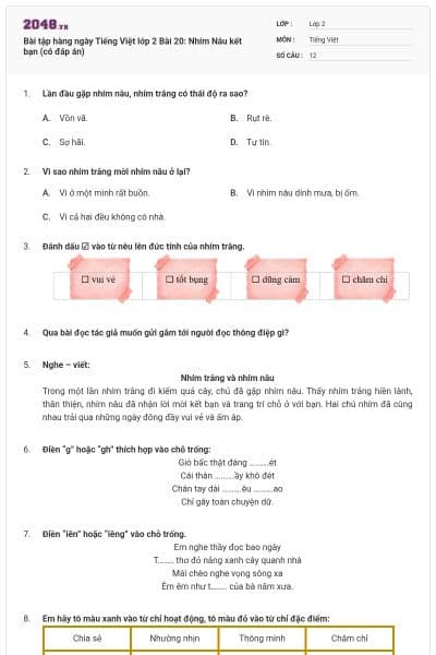 Bài tập hàng ngày Tiếng Việt lớp 2 Bài 20: Nhím Nâu kết bạn (có đáp án)