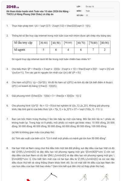 Đề tham khảo tuyển sinh Toán vào 10 năm 2026 Đà Nẵng - THCS Lê Hồng Phong (Hải Châu) có đáp án