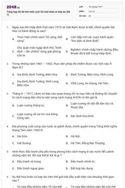 Tổng hợp đề thi thử môn Lịch Sử mới nhất có đáp án (Đề 7)