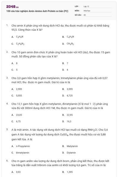 100 câu trắc nghiệm Amin-Amino Axit-Protein cơ bản (P2)