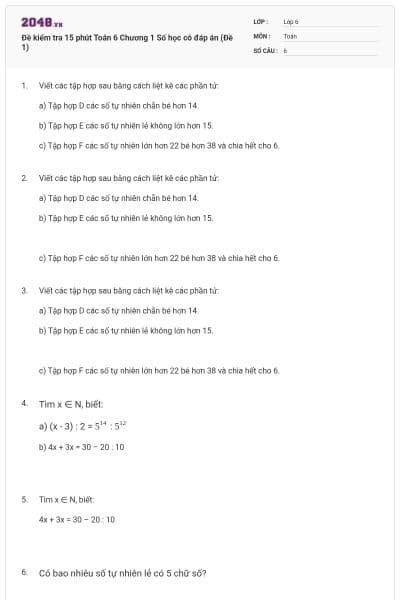 Đề kiểm tra 15 phút Toán 6 Chương 1 Số học có đáp án (Đề 1)