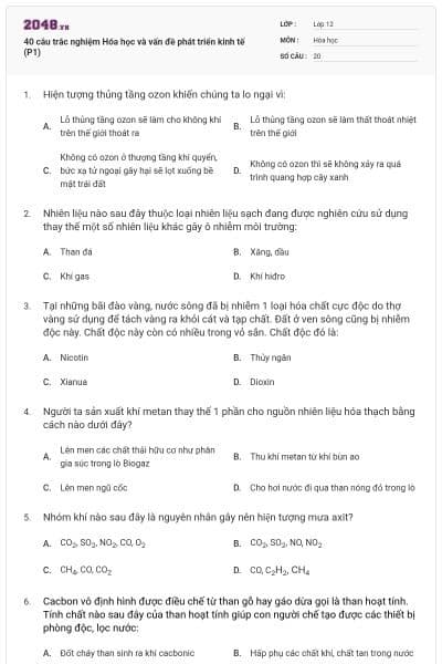 40 câu trắc nghiệm Hóa học và vấn đề phát triển kinh tế (P1)