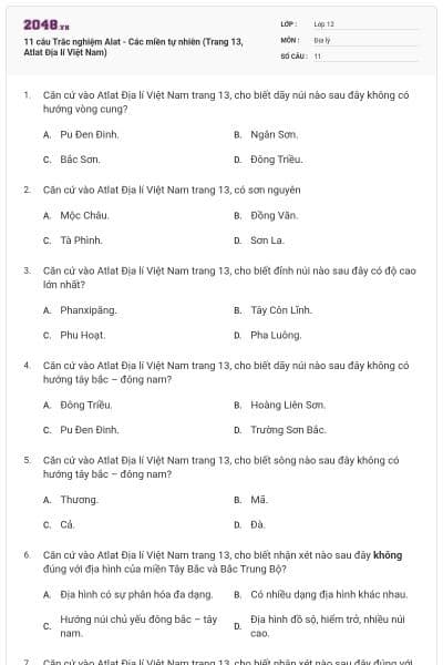 11 câu Trắc nghiệm Alat - Các miền tự nhiên (Trang 13, Atlat Địa lí Việt Nam)