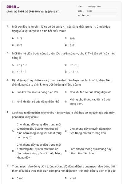 Đề thi thử THPT QG 2019 Môn Vật Lý (Đề số 11)