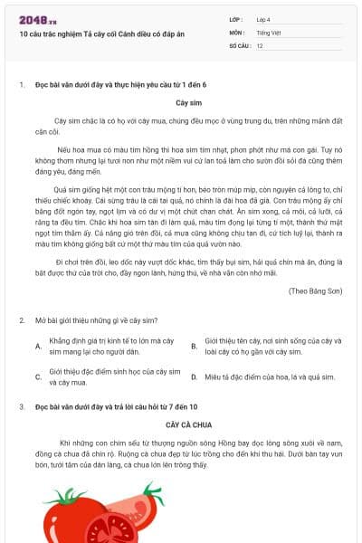 10 câu trắc nghiệm Tả cây cối Cánh diều có đáp án