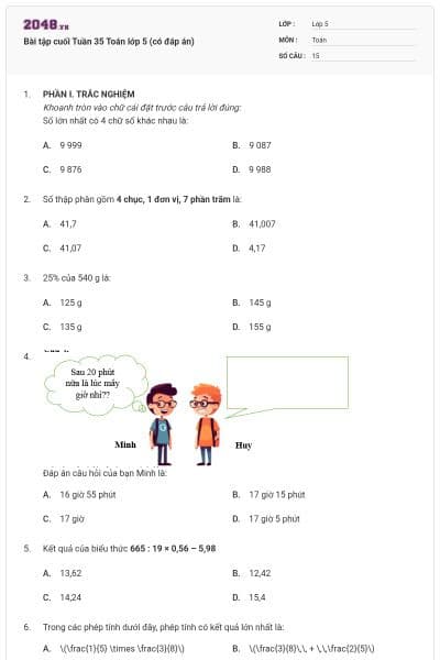 Bài tập cuối Tuần 35 Toán lớp 5 (có đáp án)