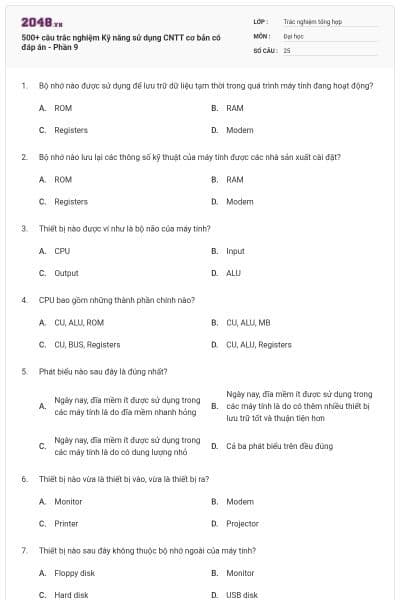 500+ câu trắc nghiệm Kỹ năng sử dụng CNTT cơ bản có đáp án - Phần 9